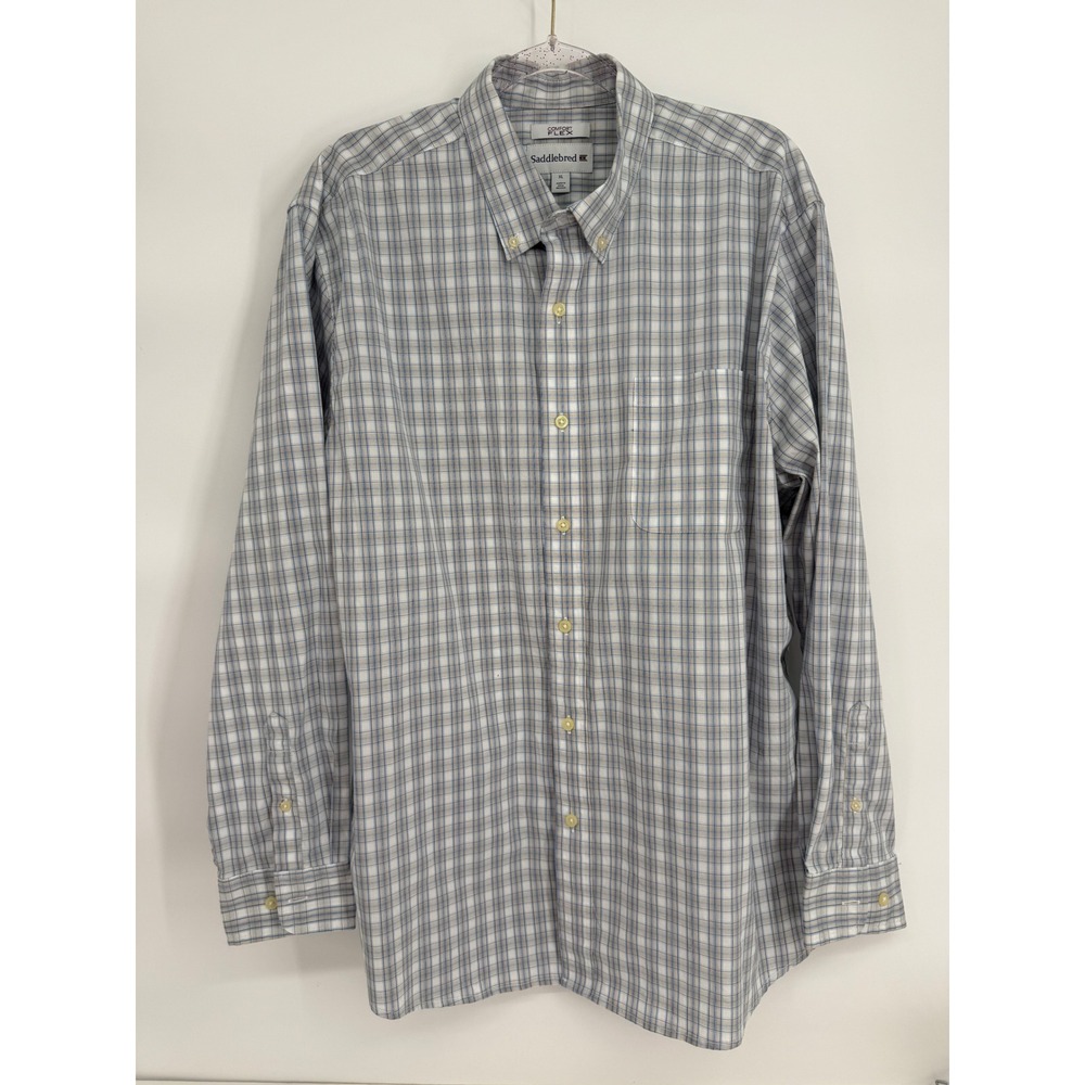 Saddlebred Comfort Flex Mens Sz XL Blue Tan Plaid Long Sleeve Button Down Shirt